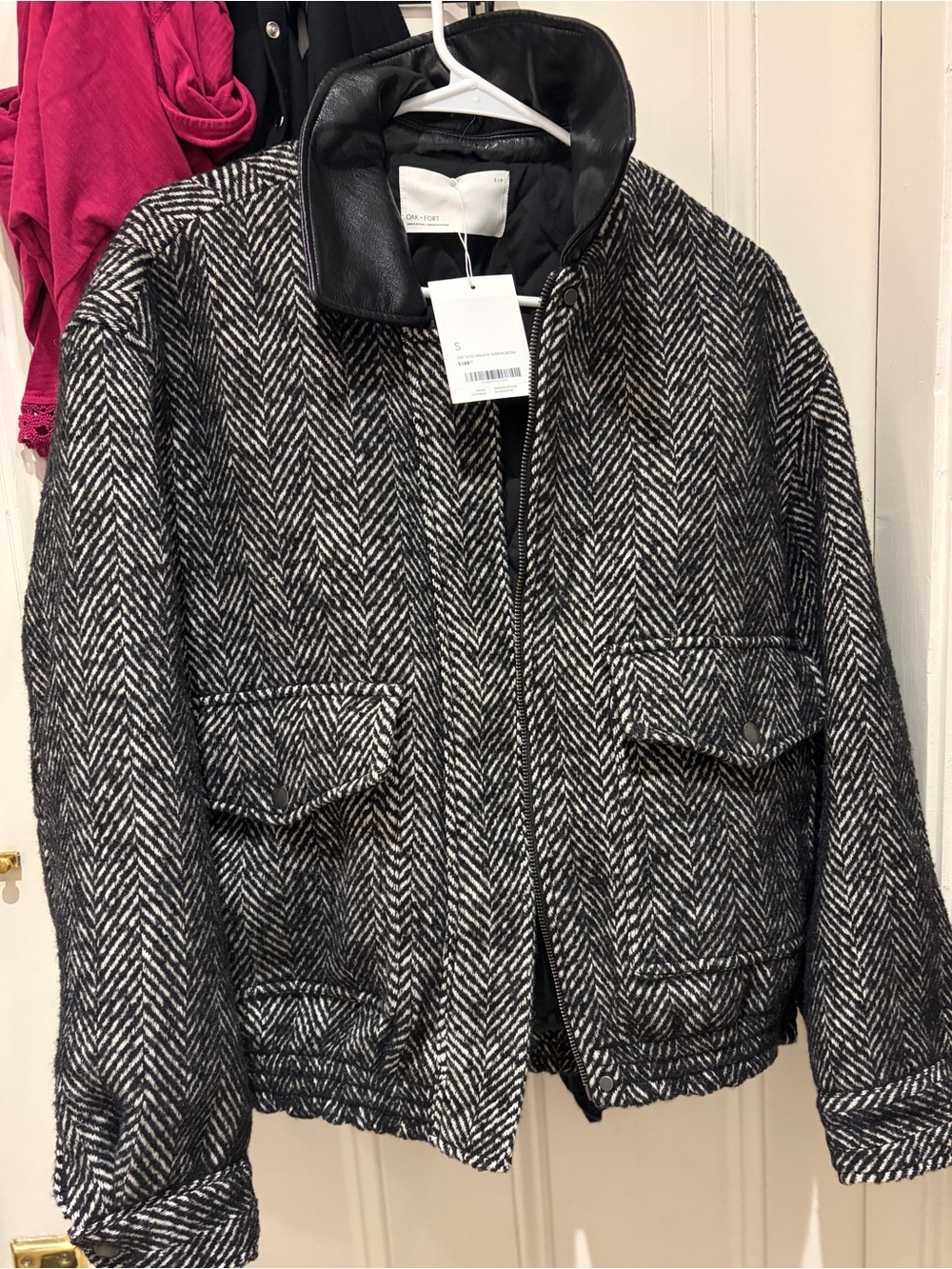 Oak+Fort Herringbone Wool Bomber Jacket with Leather Collar. NWT S
